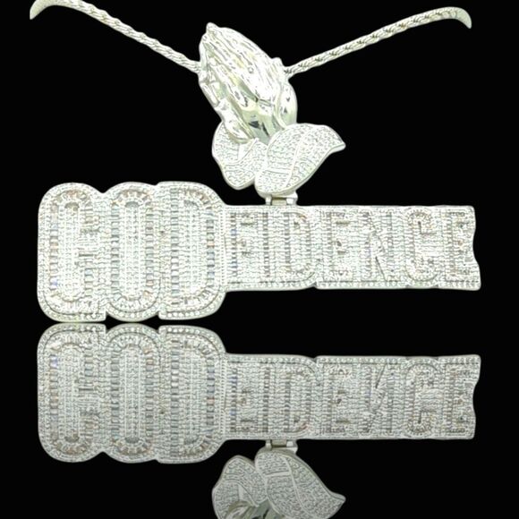 14K White Gold Finish Godfidence - Free 24inch x 3mm Rope Chain. - Picture 1 of 8